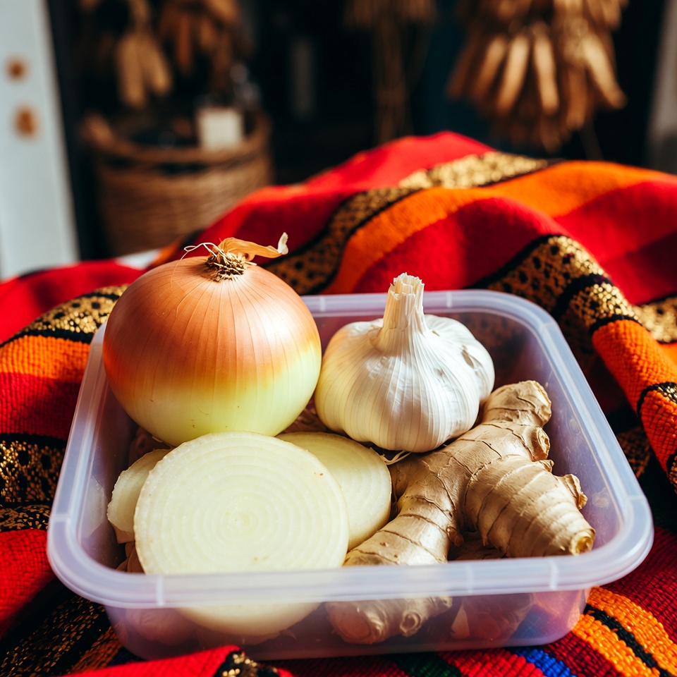 Consigue una cebolla grande, ajo y jengibre. Córtalos en trozos y ponlos dentro de un recipiente hermético, mira qué pasa