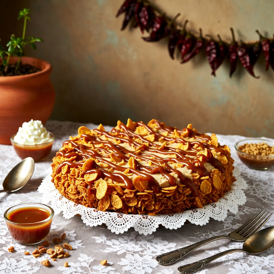 Tarta cremosa decadente de caramelo y copos de maíz