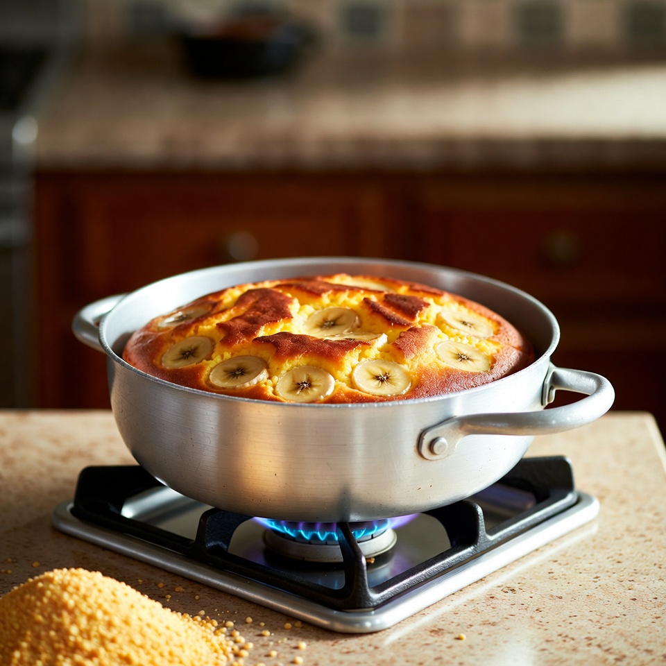 Pastel de plátano y harina de maíz a la sartén