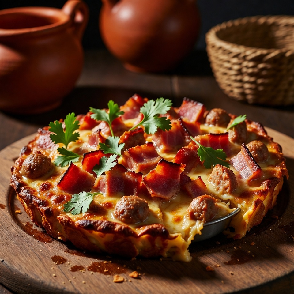 Cazuela de Desayuno con Queso, Tocino y Salchicha